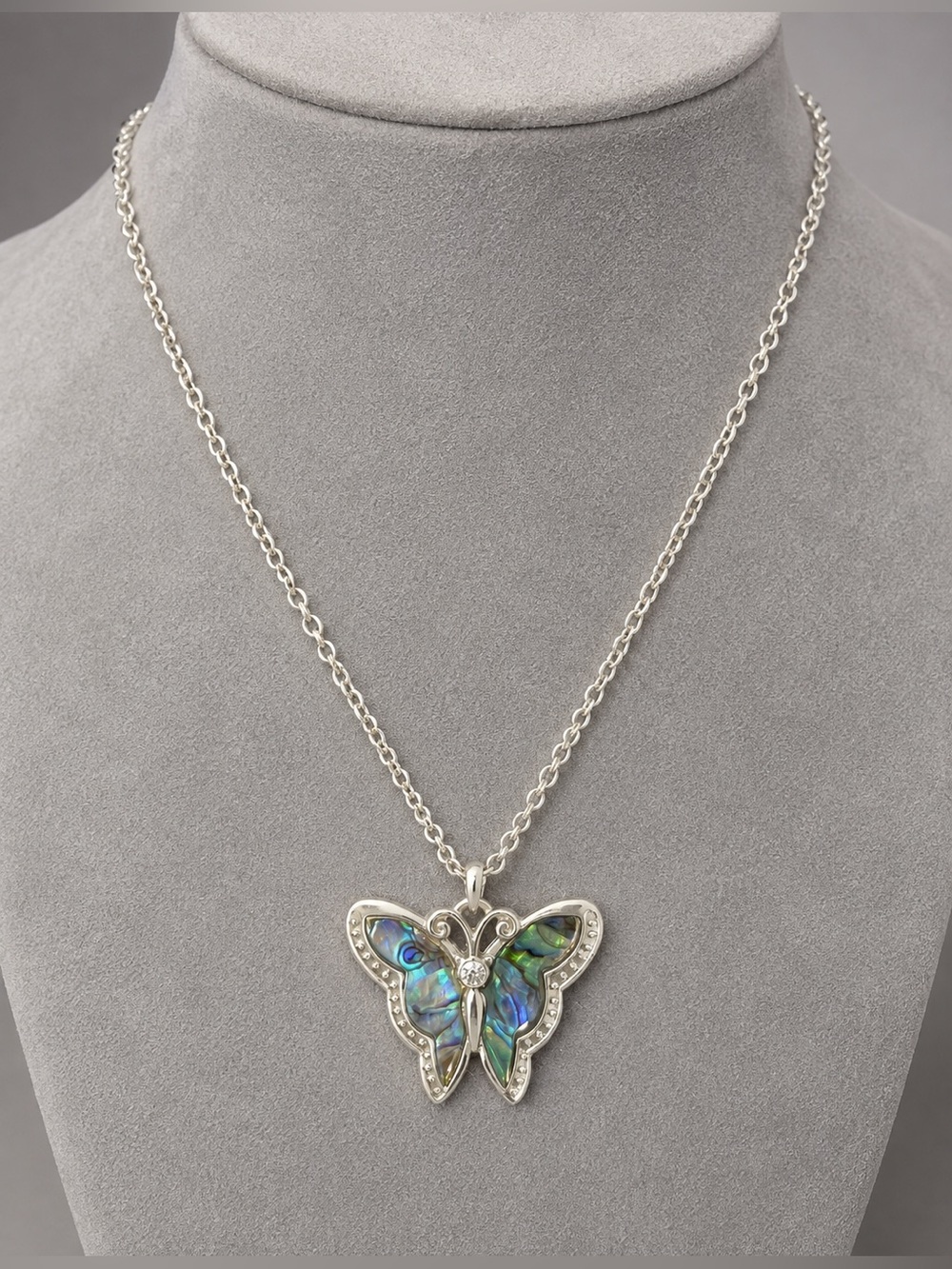 Abalone Lg Butterfly Pendant Necklace Silvertone Iridescent Crystal EUC 18" #686